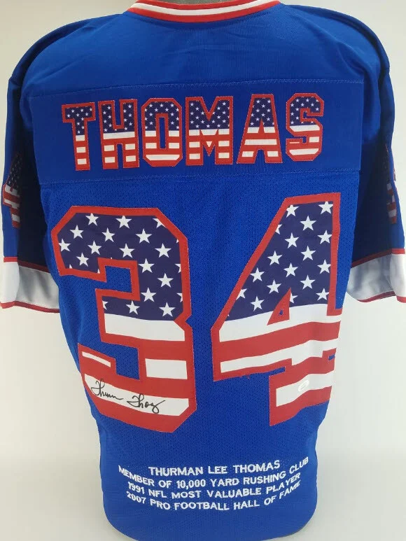Thurman Thomas Signed Autographed Buffalo Bills USA Flag Custom Stat Jersey JSA