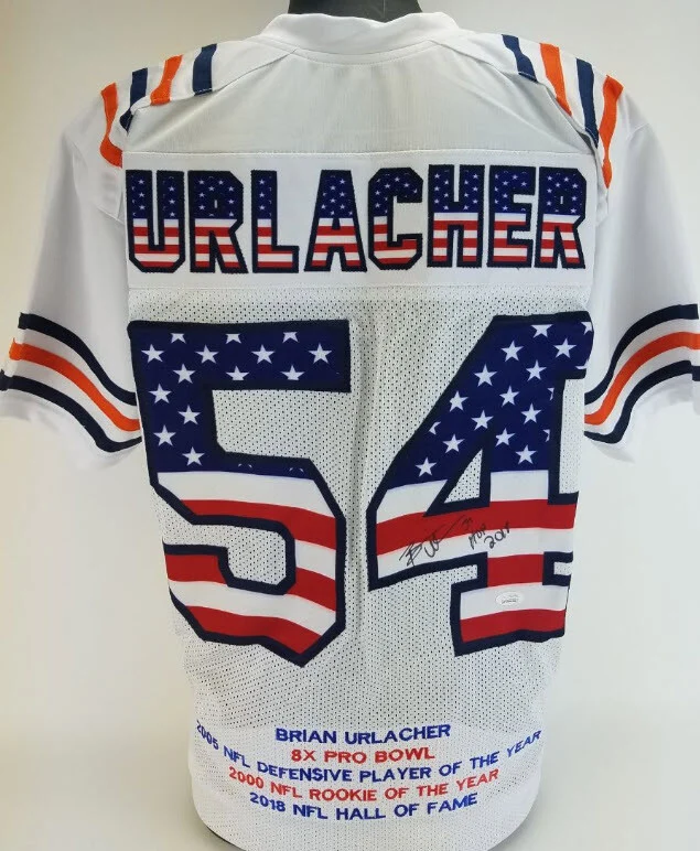 Brian Urlacher HOF ’18 Signed Autographed Chicago Bears USA Flag Stat Jersey JSA