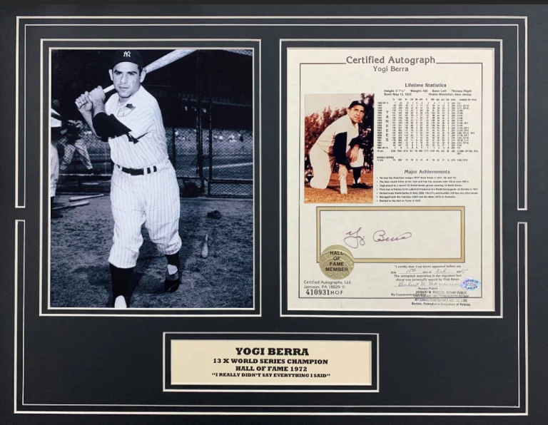 Yogi Berra Autographed Signed New York Yankees Stat Sheet in 16×20 Photo SOP