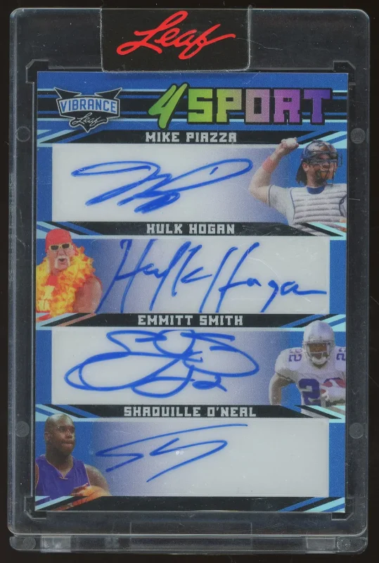 Mike Piazza, Hulk Hogan, Emmitt Smith, Shaquille O’Neal Leaf Signed 4 Sport Card (Photo 1 of 3)