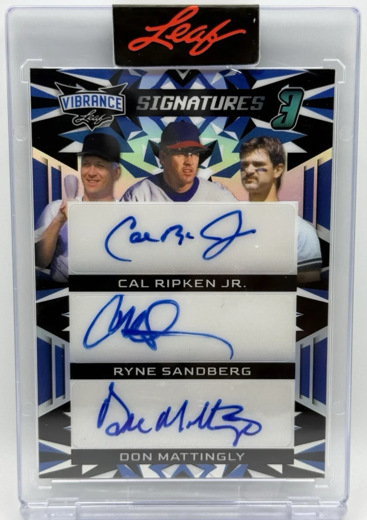 Leaf Vibrance Signatures 3 Autographs Ripken, Mattingly, and Sandberg