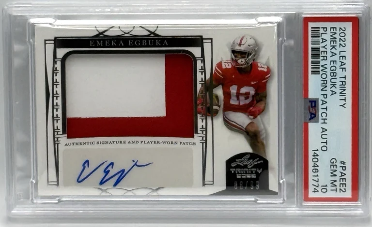 2022 Leaf Trinity Emeka Egbuka Player Worn Patch Autographed/Signed Card PSA