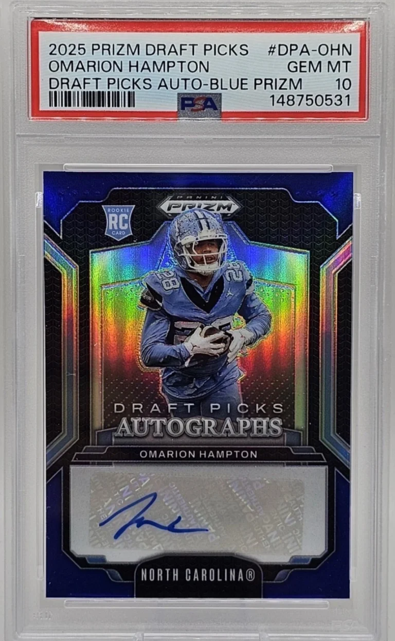 Omarion Hampton 2025 Prizm Draft Picks Autographed Blue Prizm Card Gem Mint 10