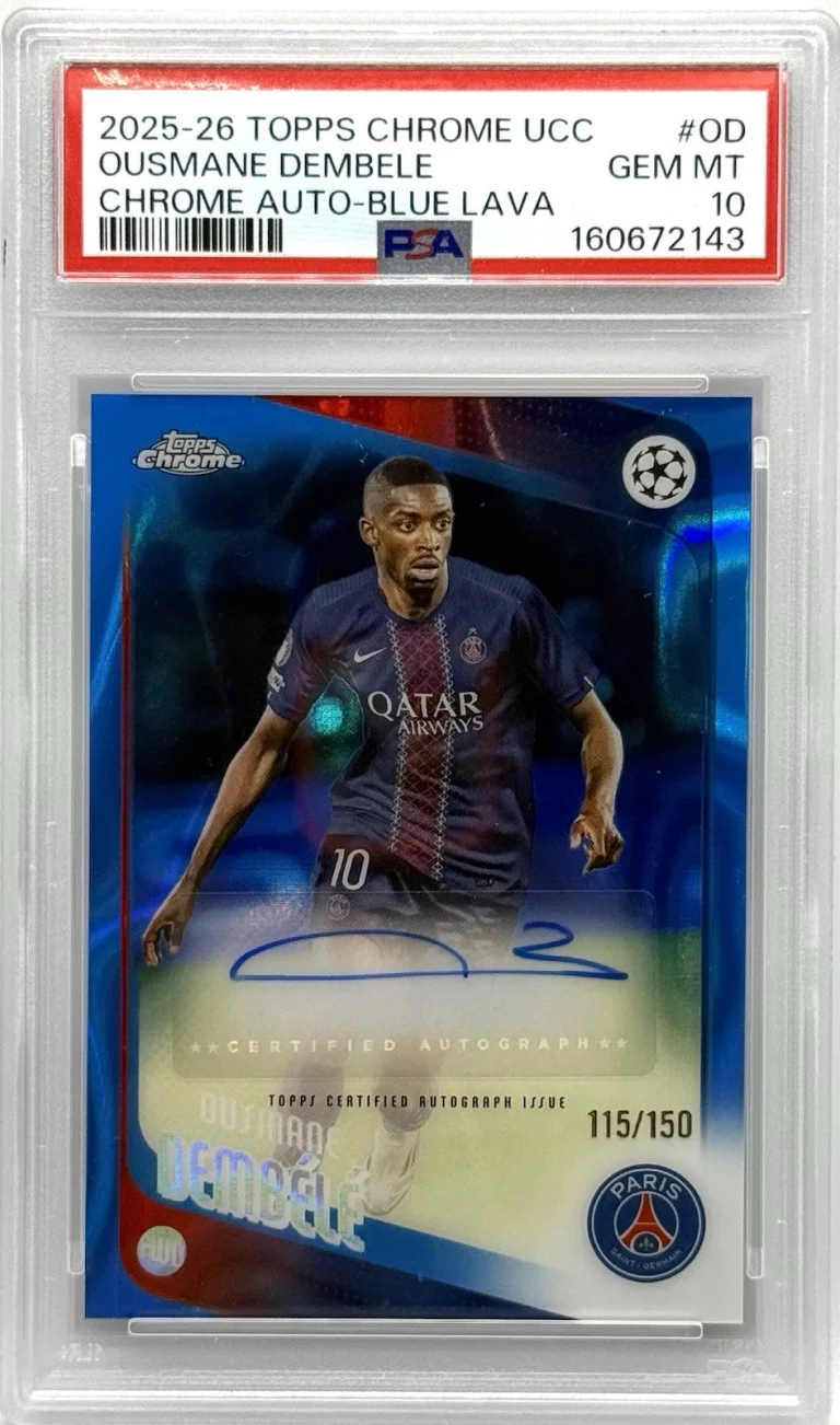 Ousmane Dembele Autographed/Signed 2025-26 Topps Chrome UCC Blue Lava PSA 10