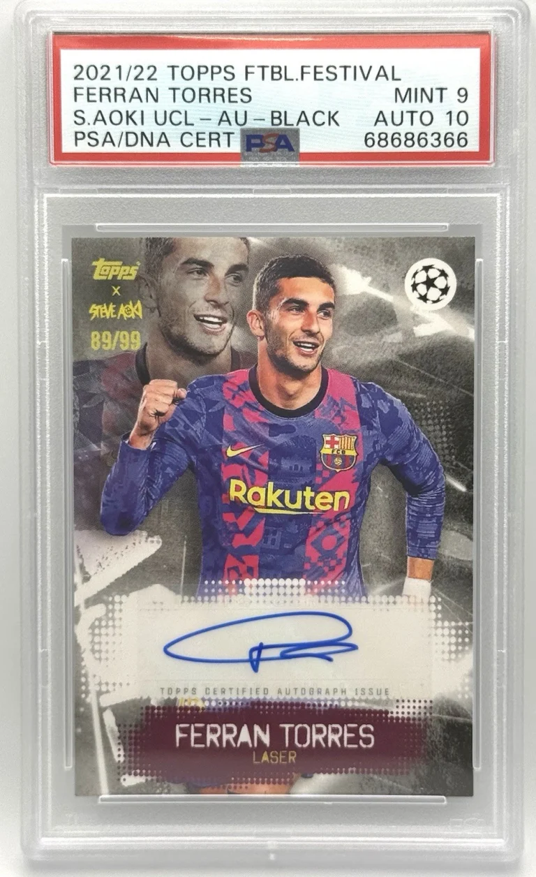 Ferran Torres 2021-22 Topps Steve Aoki UCL Black Auto 89/99 PSA Mint 9 Auto 10
