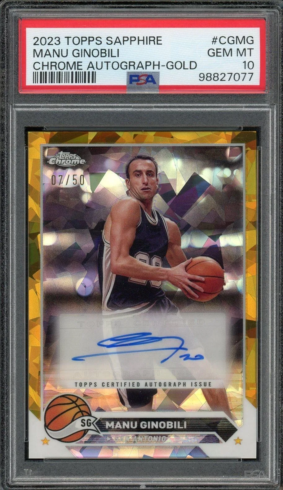 Manu Ginobili 2023-24 Topps Chrome Sapphire Gold Autographed 07/50 CG-MG PSA 10